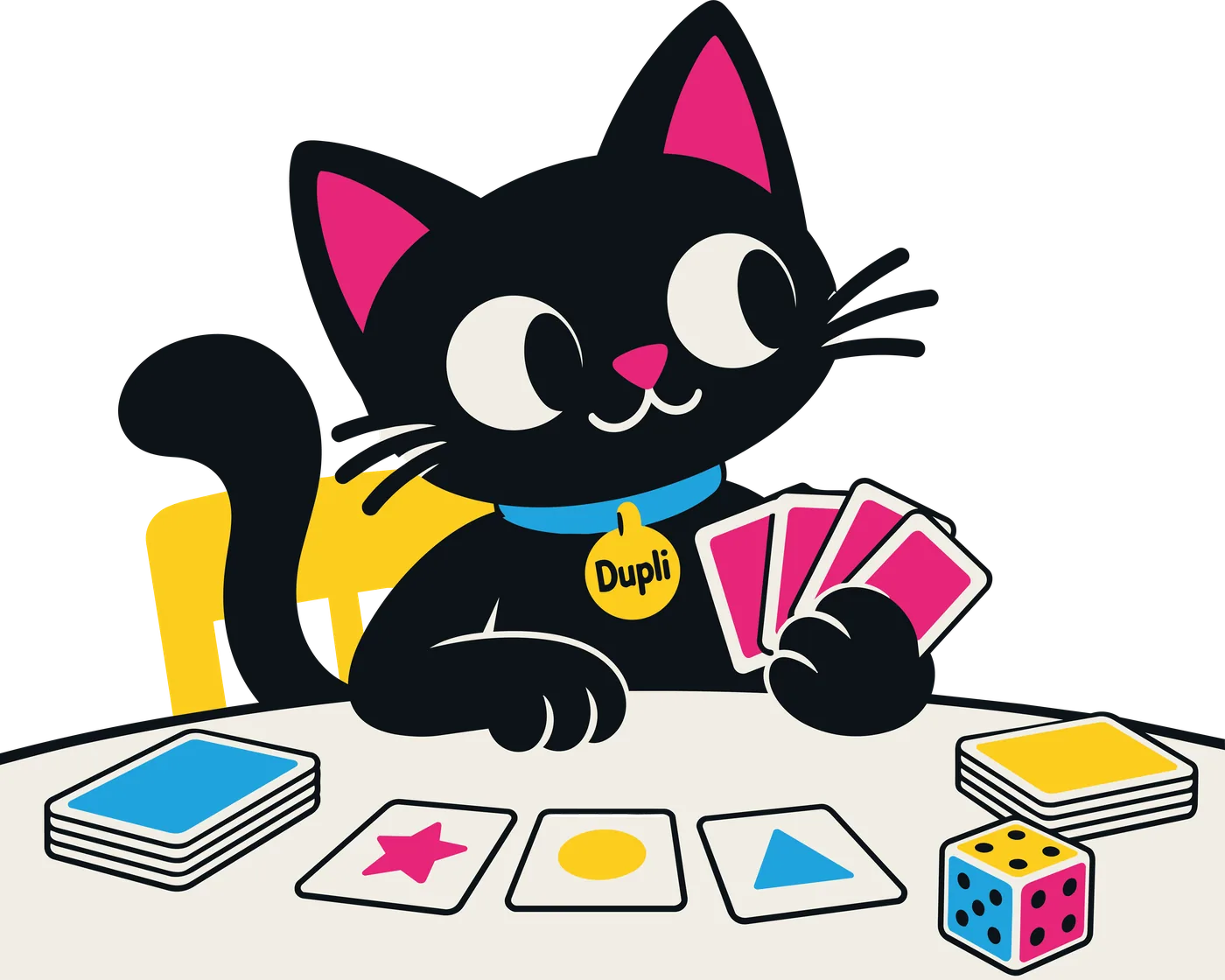 Dupli, a black cat with a blue collar, playing cards at a table